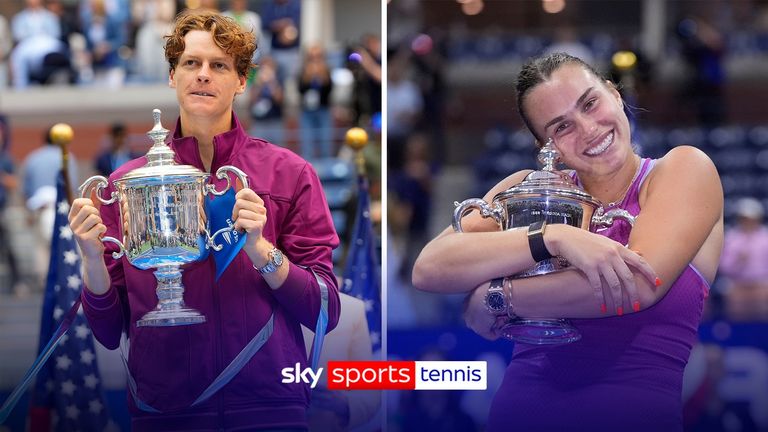 Jannik Sinner y Aryna Sabalenka reaccionan a sus momentos ganadores en el US Open el año pasado.
