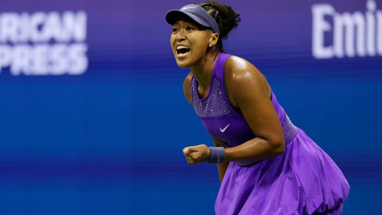 Naomi Osaka, of Japan, reacts during a match against Karolina Muchova, of the Czech Republic, at the quarterfinal round of the U.S. Open ten