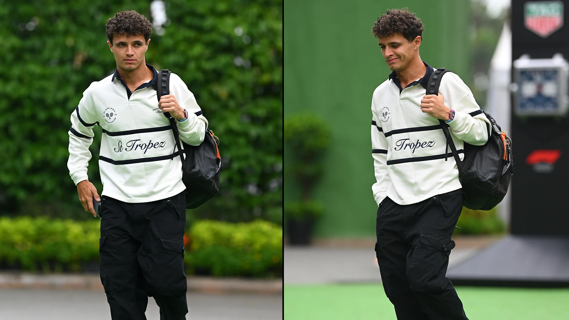 Lando Norris llegó al paddock en un polo de rugby vintage. Deslizar para más imágenes