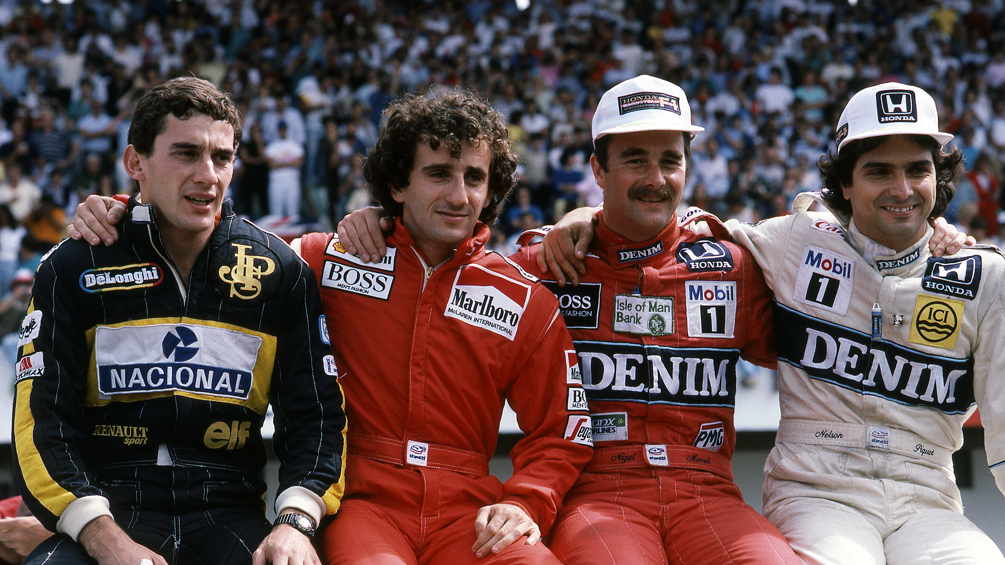 (De izquierda a derecha) Ayrton Senna (BRA) Lotus 98T, 4.º lugar, Alain Prost (FRA) McLaren MP4/2C, 2.º lugar,