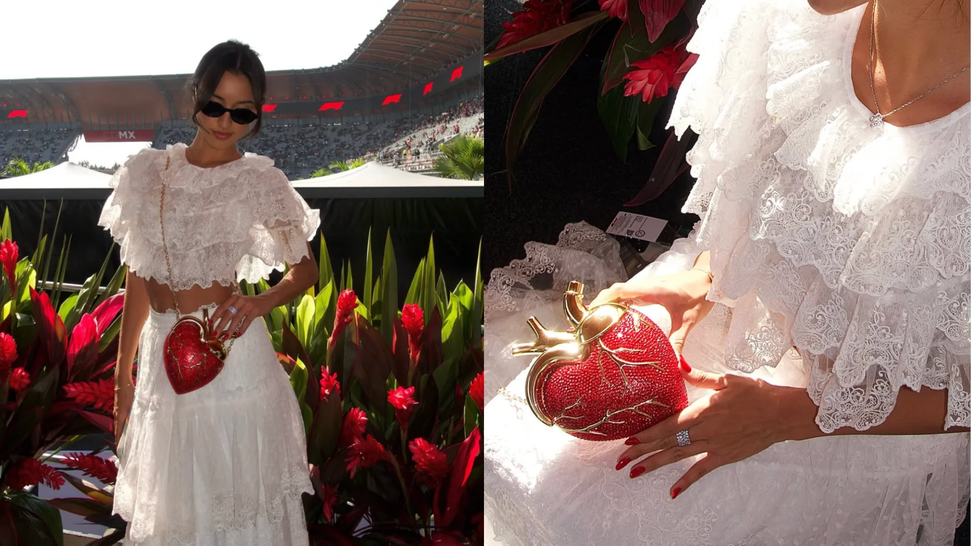 En el Gran Premio de la Ciudad de México, Alexandra lució un conjunto inspirado en el autorretrato de Frida Khalo con la etiqueta "Las dos Fridas"y fue un guiño a sus raíces mexicanas. Desliza para ver más imágenes